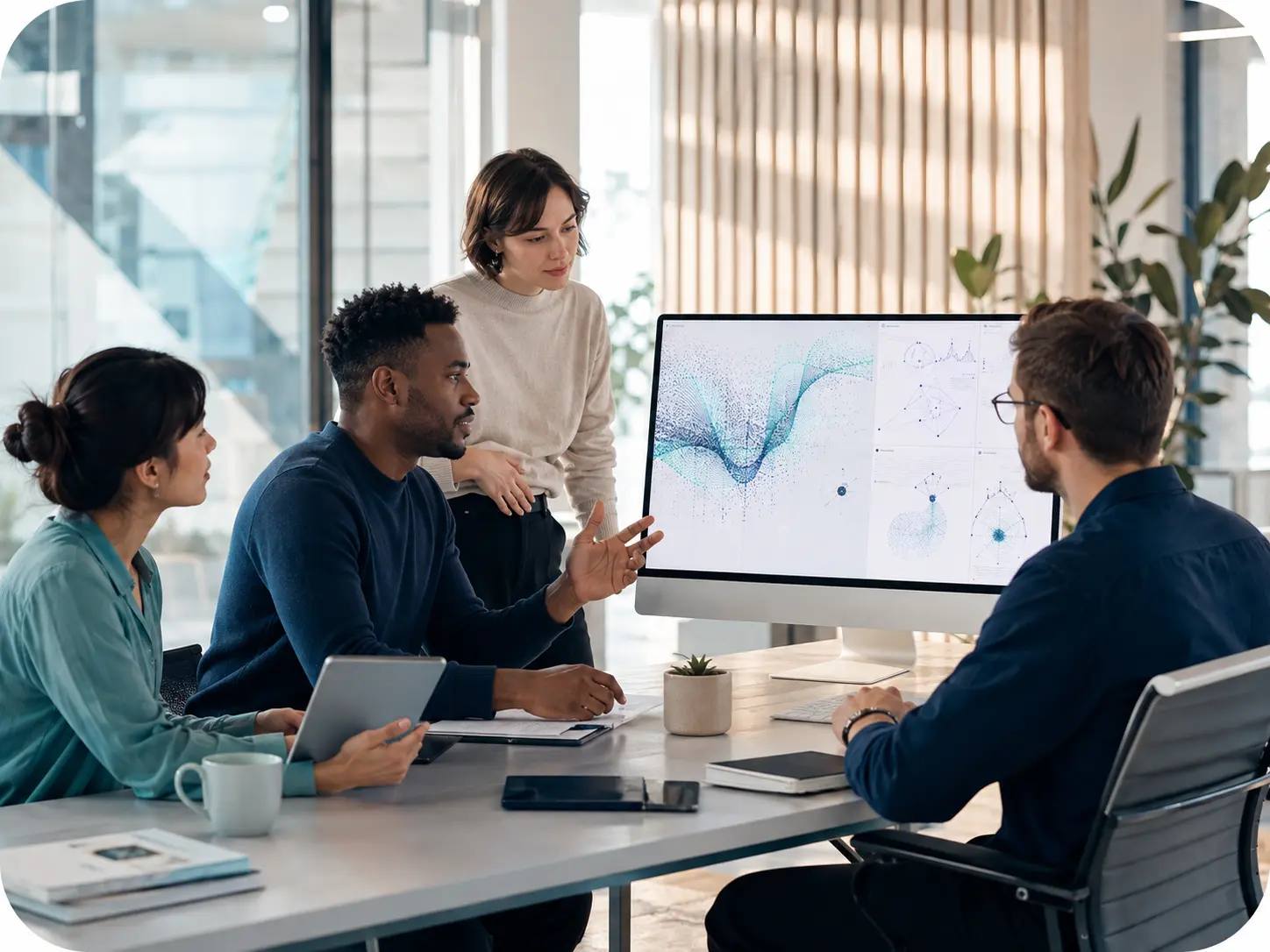AI-generated visualization of an engineering team collaborating around data and software systems
